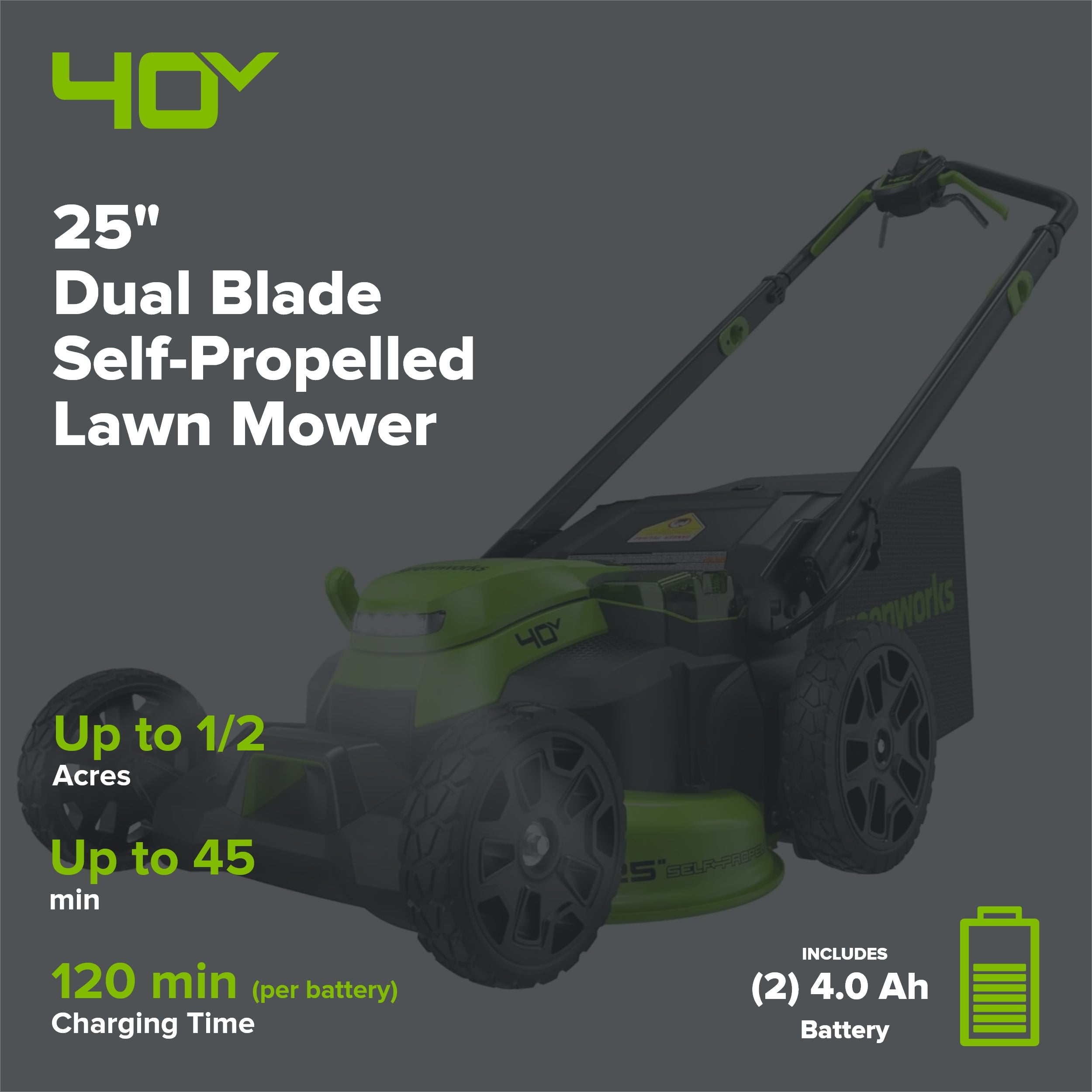 40V 25" Cordless Battery Brushless Dual Blade Self-Propelled Lawn Mower: (2) 4.0 Ah Batteries and Dual-Port Charger, LM2504S