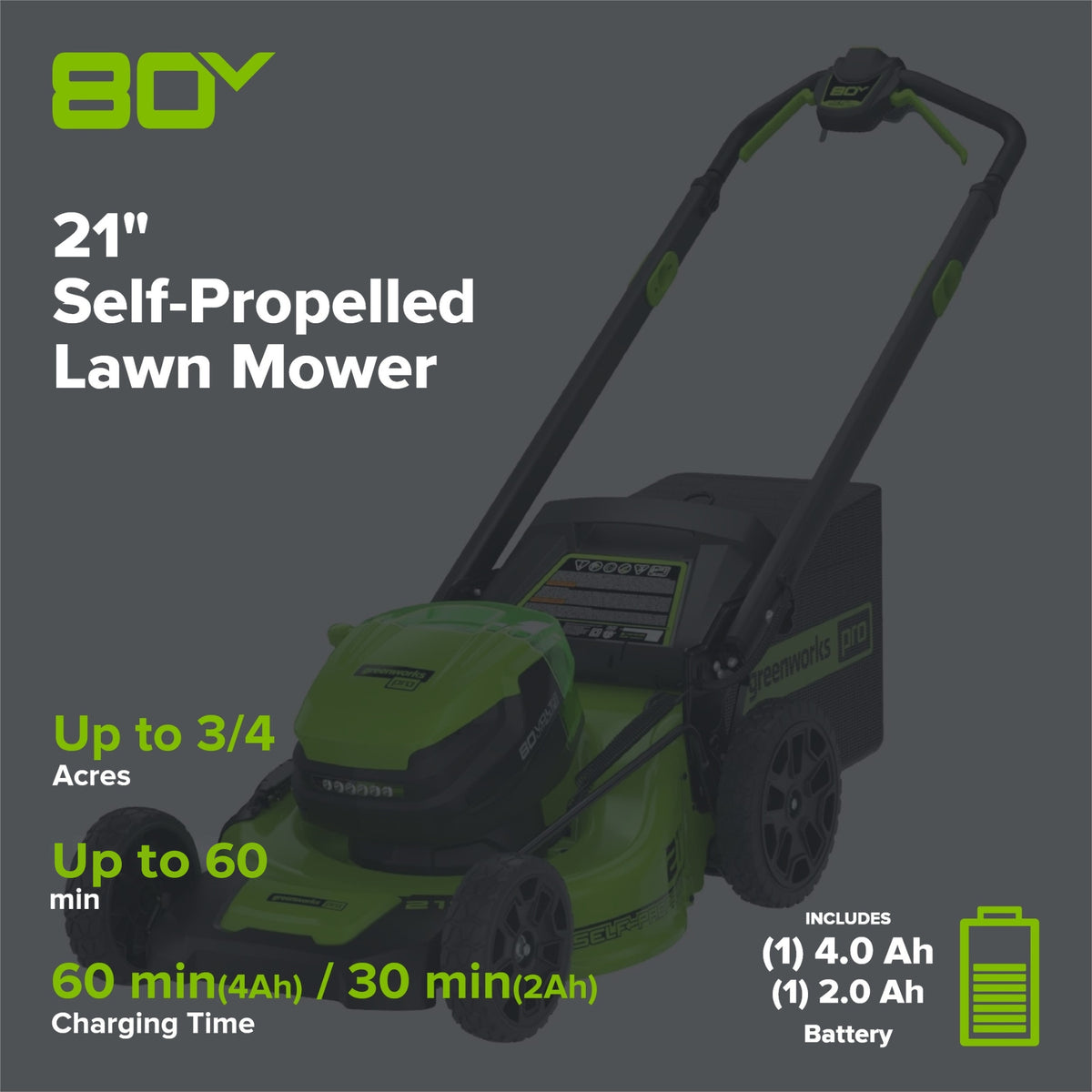 OPEN BOX 80V 21" Cordless Battery 4-in-1 Self-Propelled Lawn Mower: 4.0 Ah: 2.0 Ah Battery and Rapid Charger, LM2118S