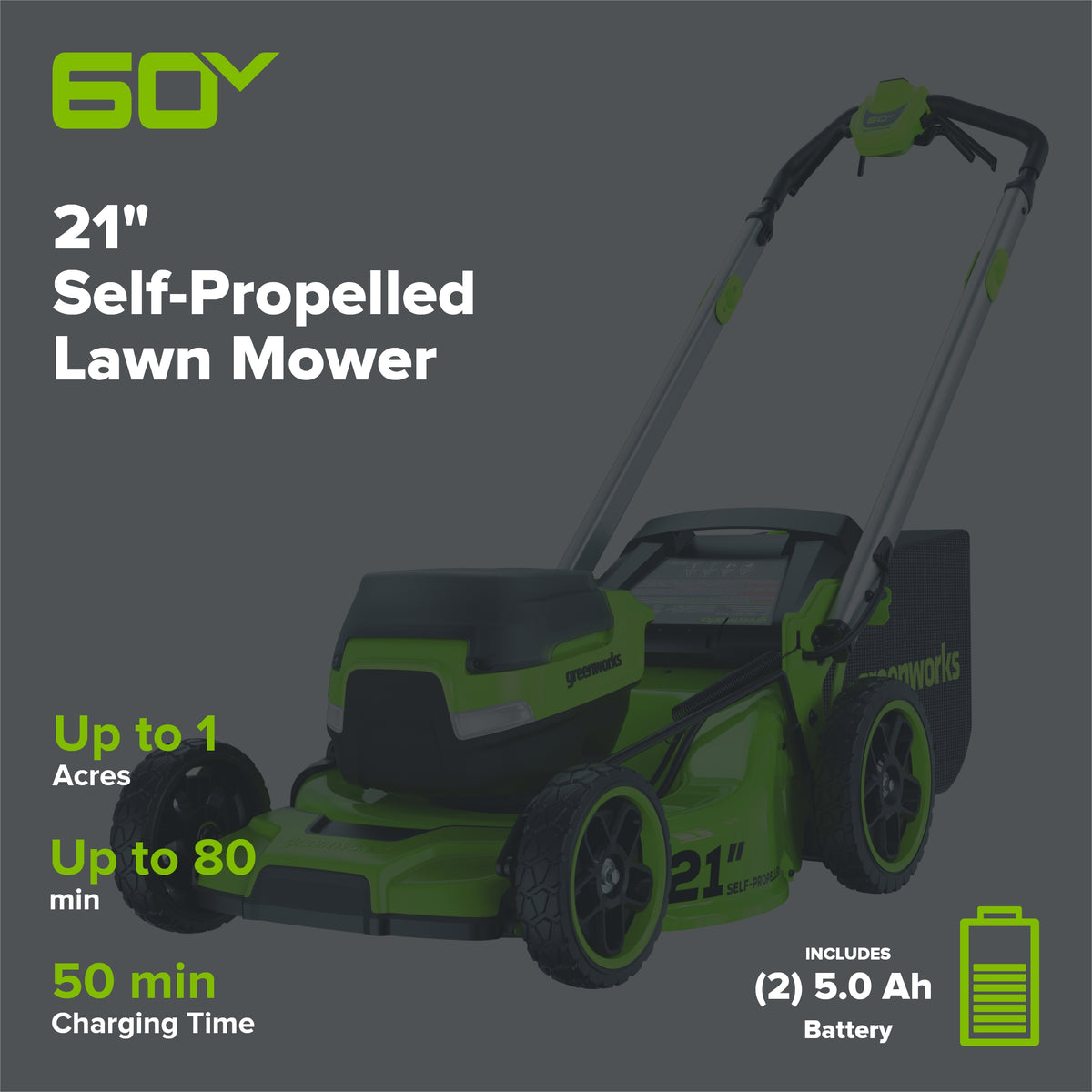60V 21" Cordless Battery Self-Propelled Mower: (2) 5Ah Battery and 6A Rapid Charger, LM2156S