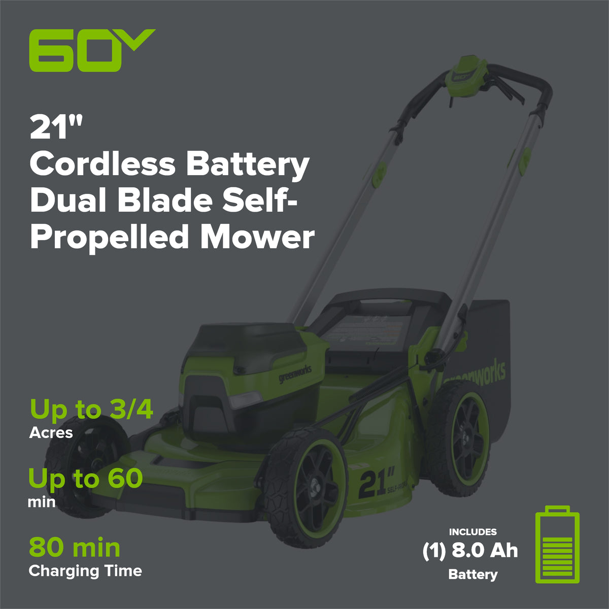 OPEN BOX 60V 21" Cordless Battery Dual Blade Self-Propelled Mower, (1) 8Ah battery and 6A Charger, LM2146S