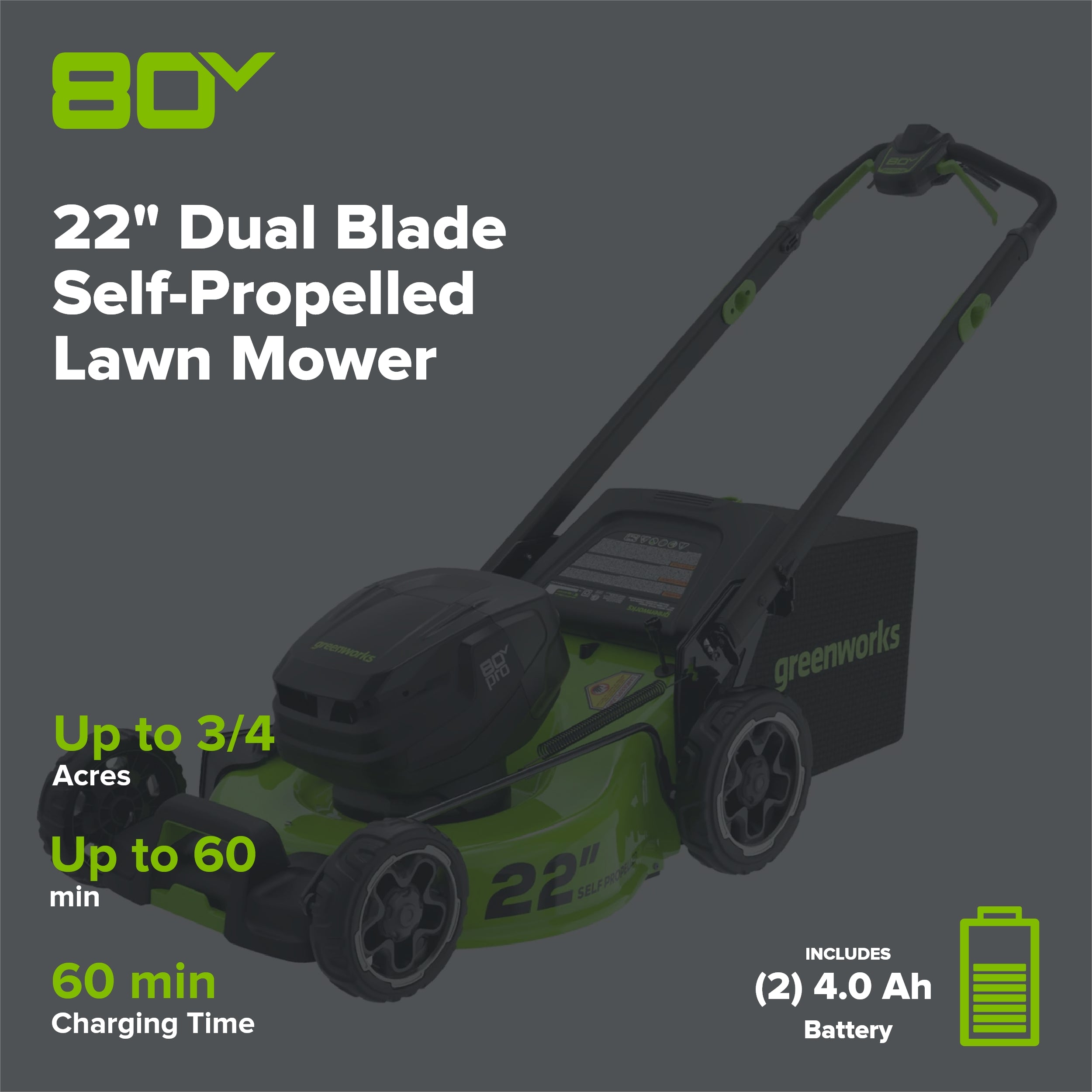 80V 22" Cordless Battery Dual Blade Self-Propelled Lawn Mower: (2) 4.0 Ah Batteries and Rapid Charger, LM2208S