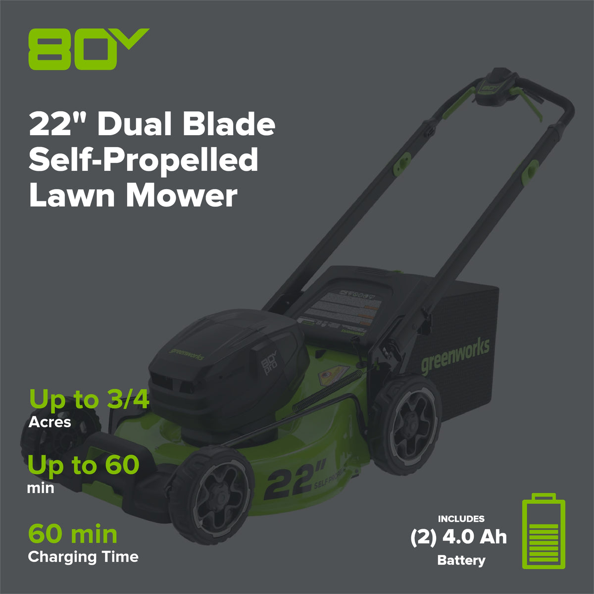 80V 22" Cordless Battery Dual Blade Self-Propelled Lawn Mower: (2) 4.0 Ah Batteries and Rapid Charger, LM2208S