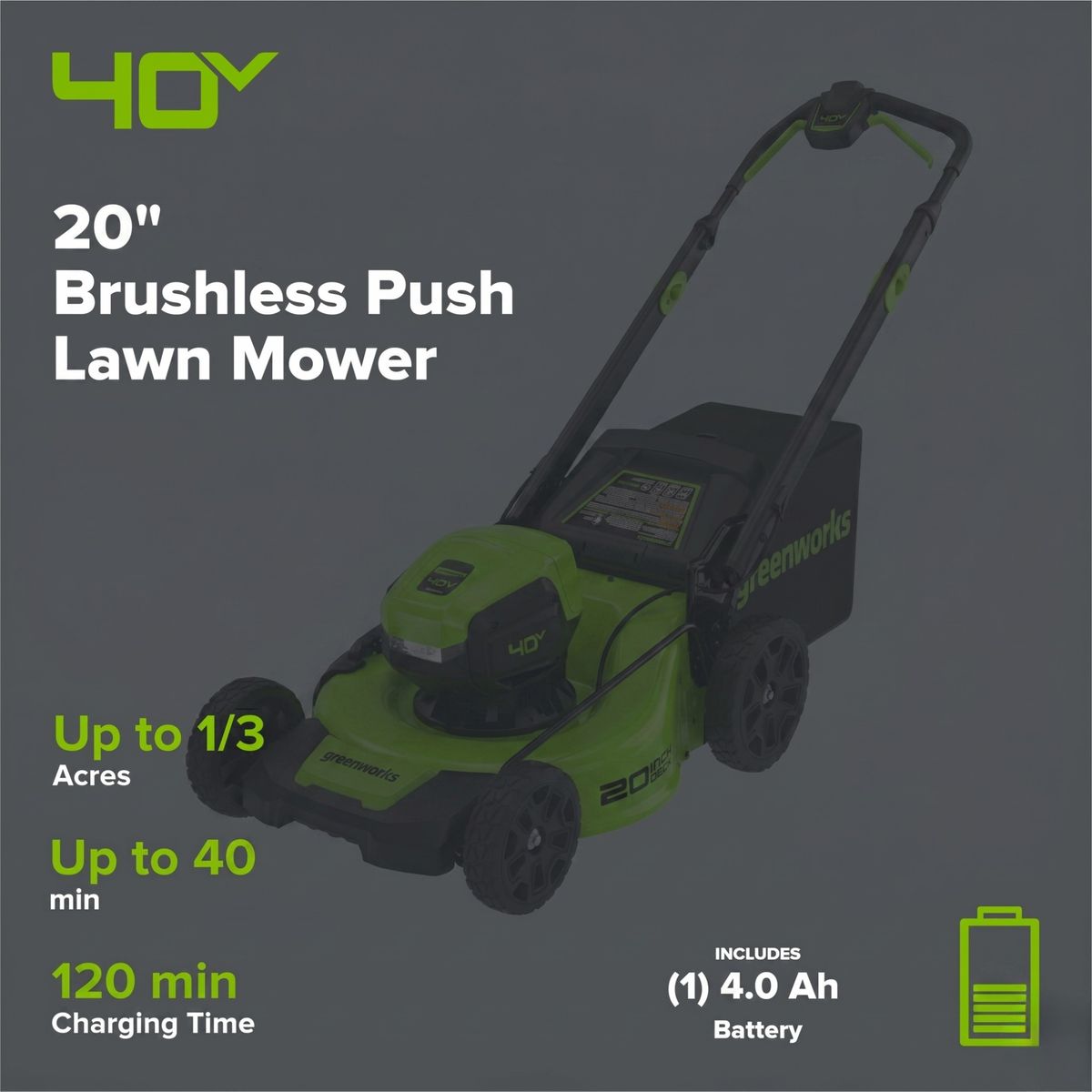 40V 20" Cordless Battery 4-in-1 Push Lawn Mower: 4.0 Ah Battery and 2A Charger, LM2054