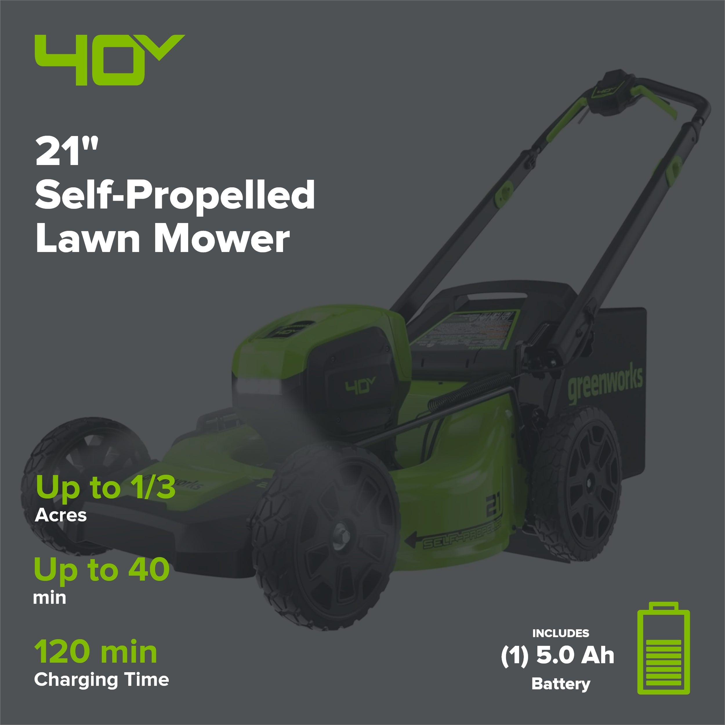 40V 21" Cordless Battery Self-Propelled Mower 3pc Combo Kit: 5.0 Ah Battery and Charger