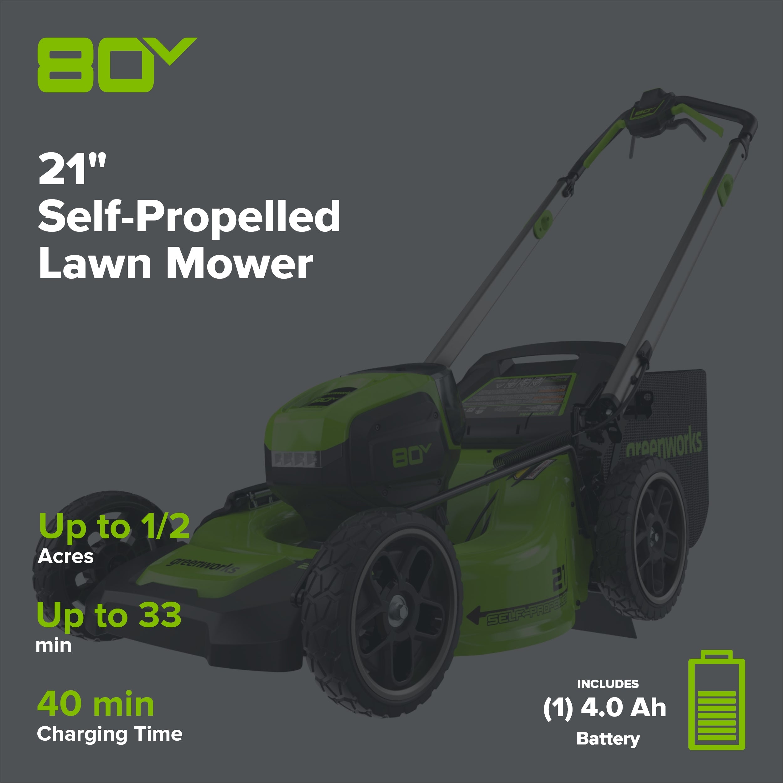 80V 21" Cordless Battery 4-in-1 Self-Propelled Lawn Mower: 4.0 Ah Battery and Charger, LM2108S