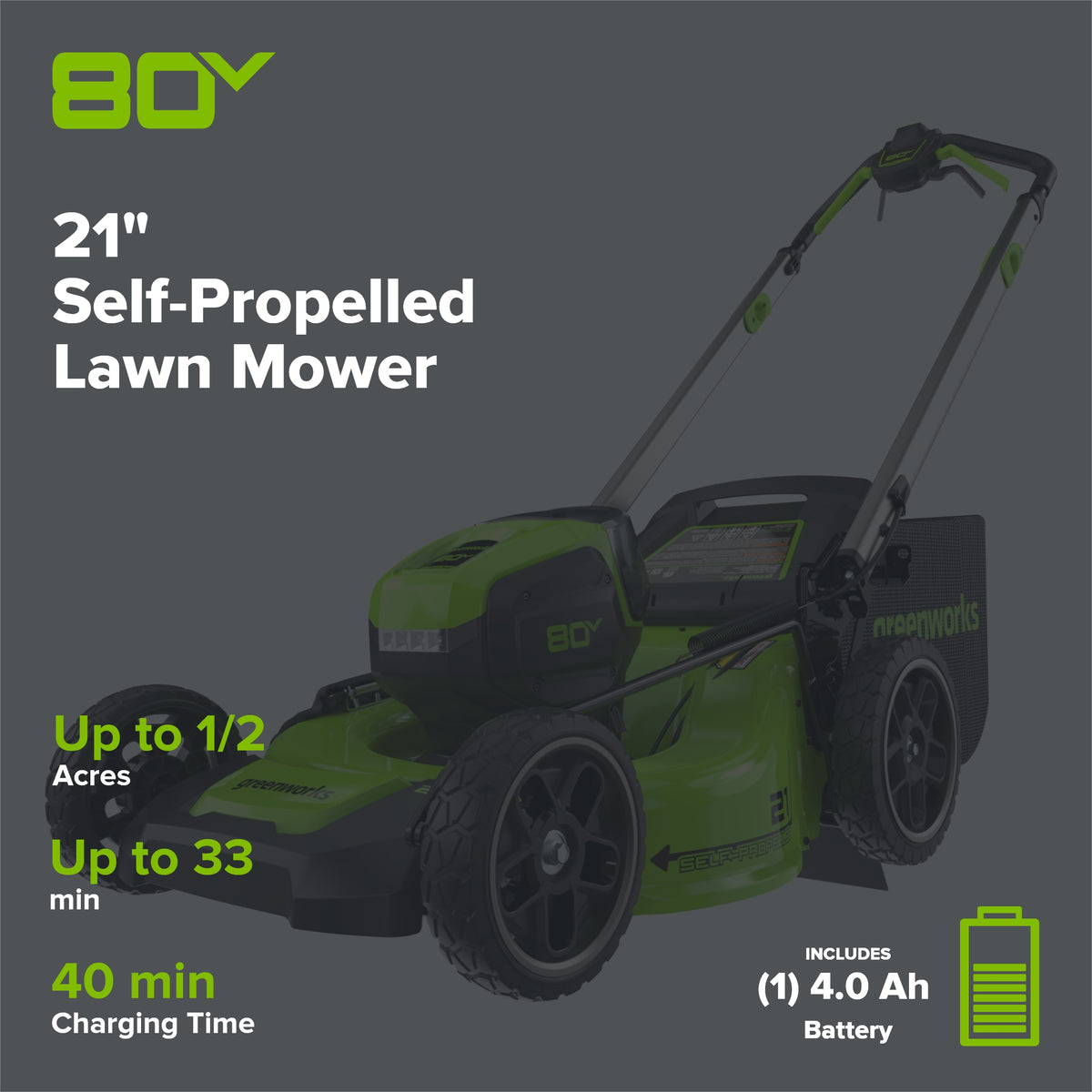80V 21" Cordless Battery 4-in-1 Self-Propelled Lawn Mower: 4.0 Ah Battery and Charger, LM2108S