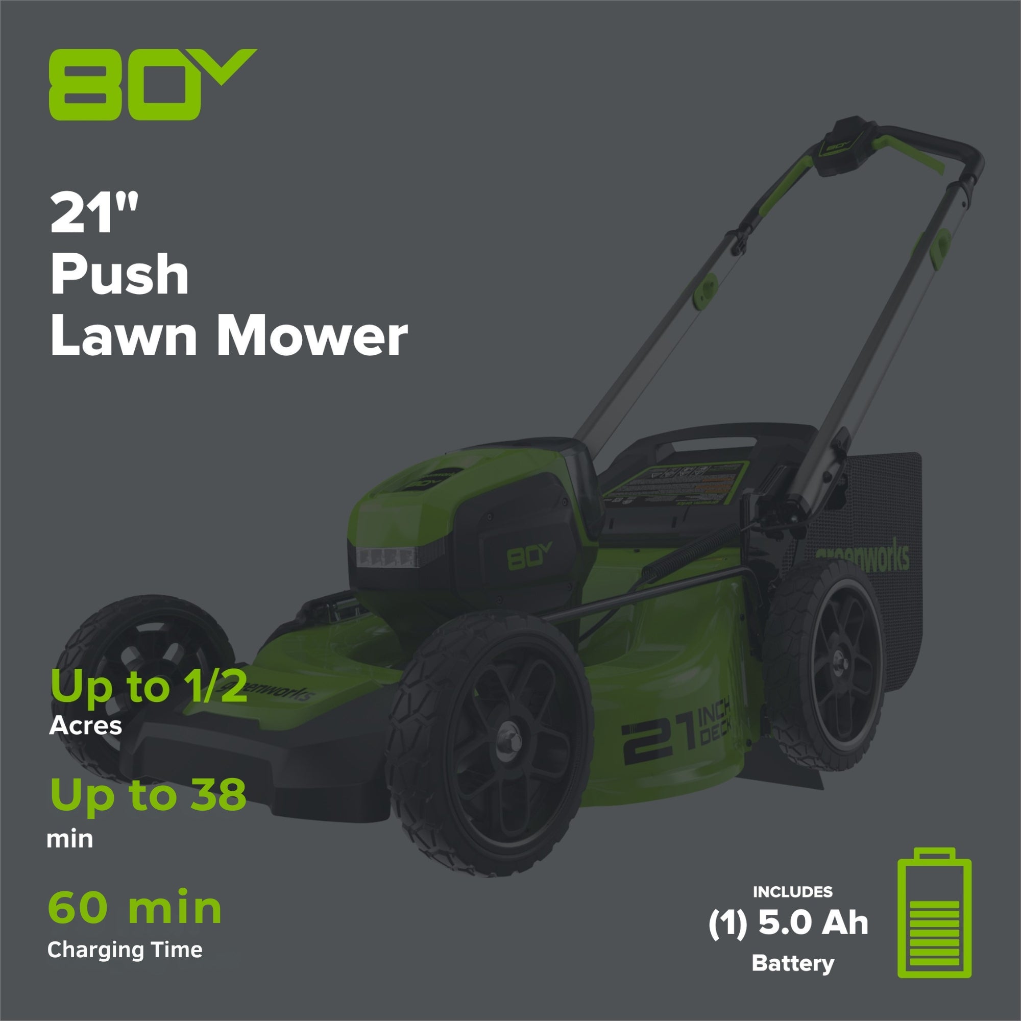 80V 21" Cordless Battery 4-in-1 Push Lawn Mower: 4.0 Ah Battery and Charger, LM2108