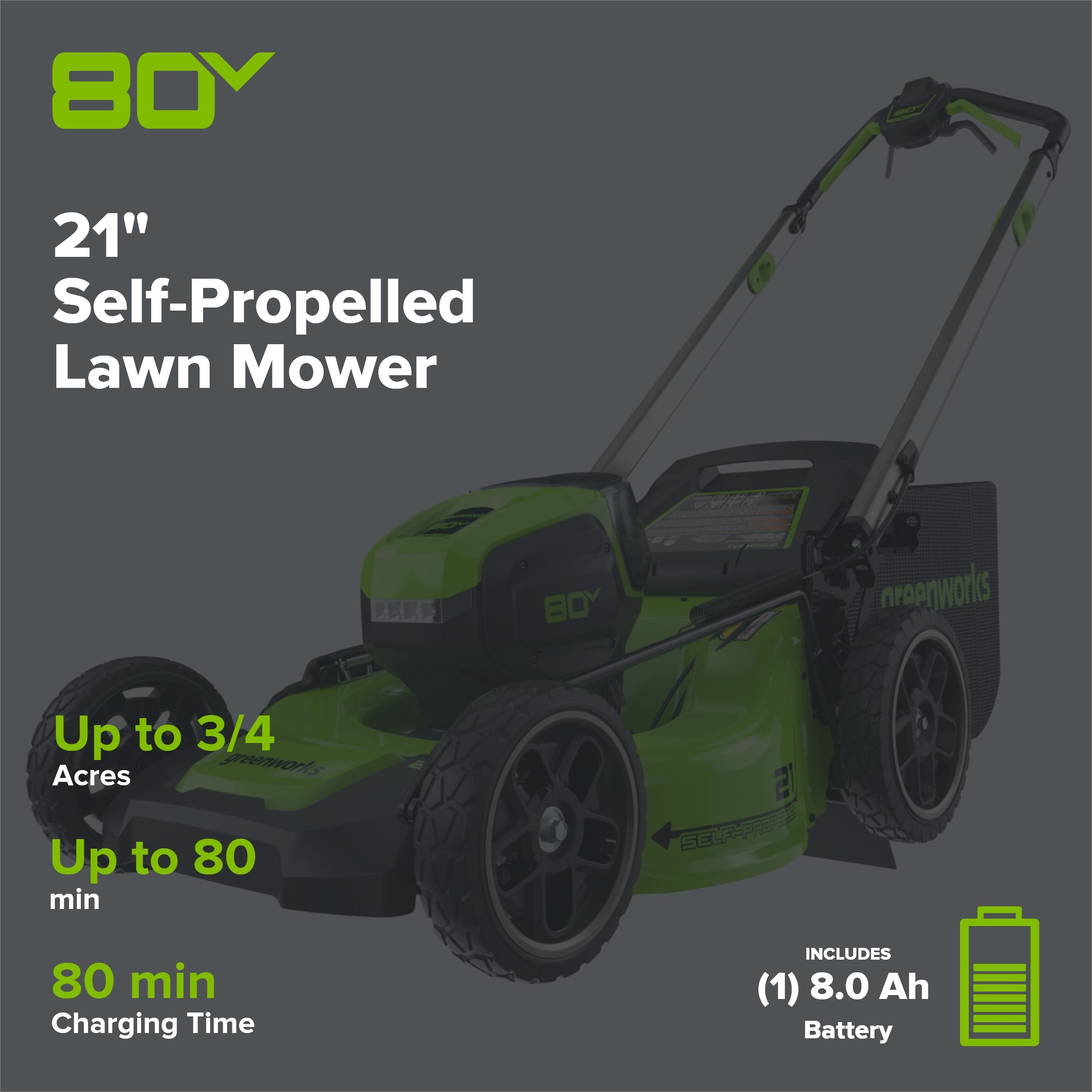 80V 21" Cordless Battery 4-in-1 Self-Propelled Lawn Mower, 8.0 Ah Battery and 6A Charger, LM2108S