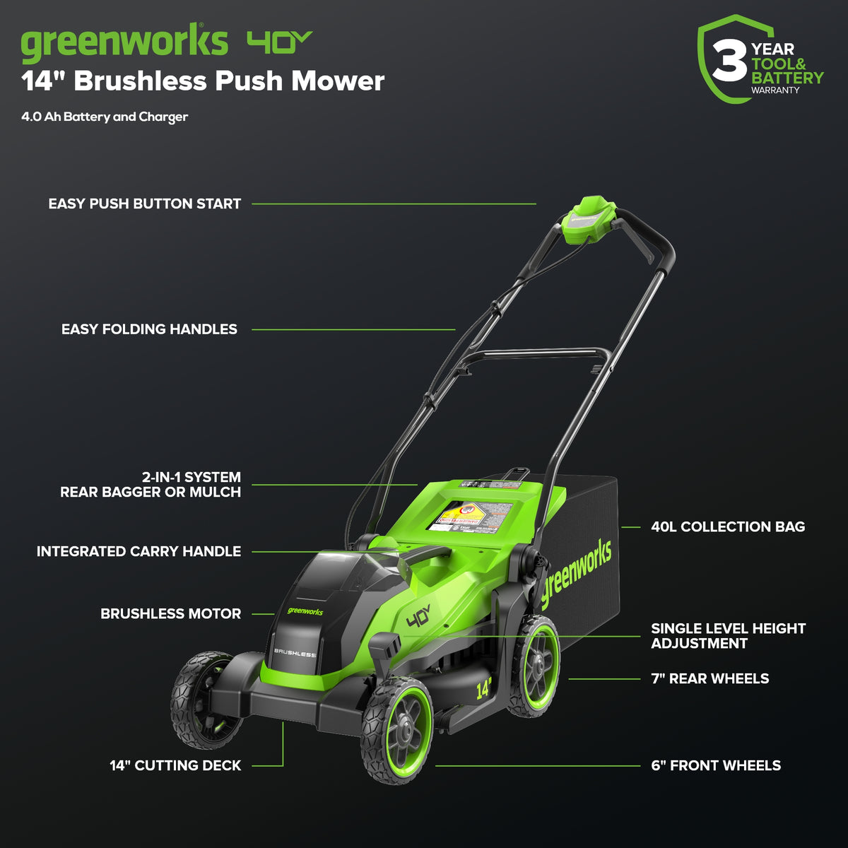 40V 14" Cordless Battery BL Push Lawn Mower: 4.0 Ah Battery and Charger, LM1414