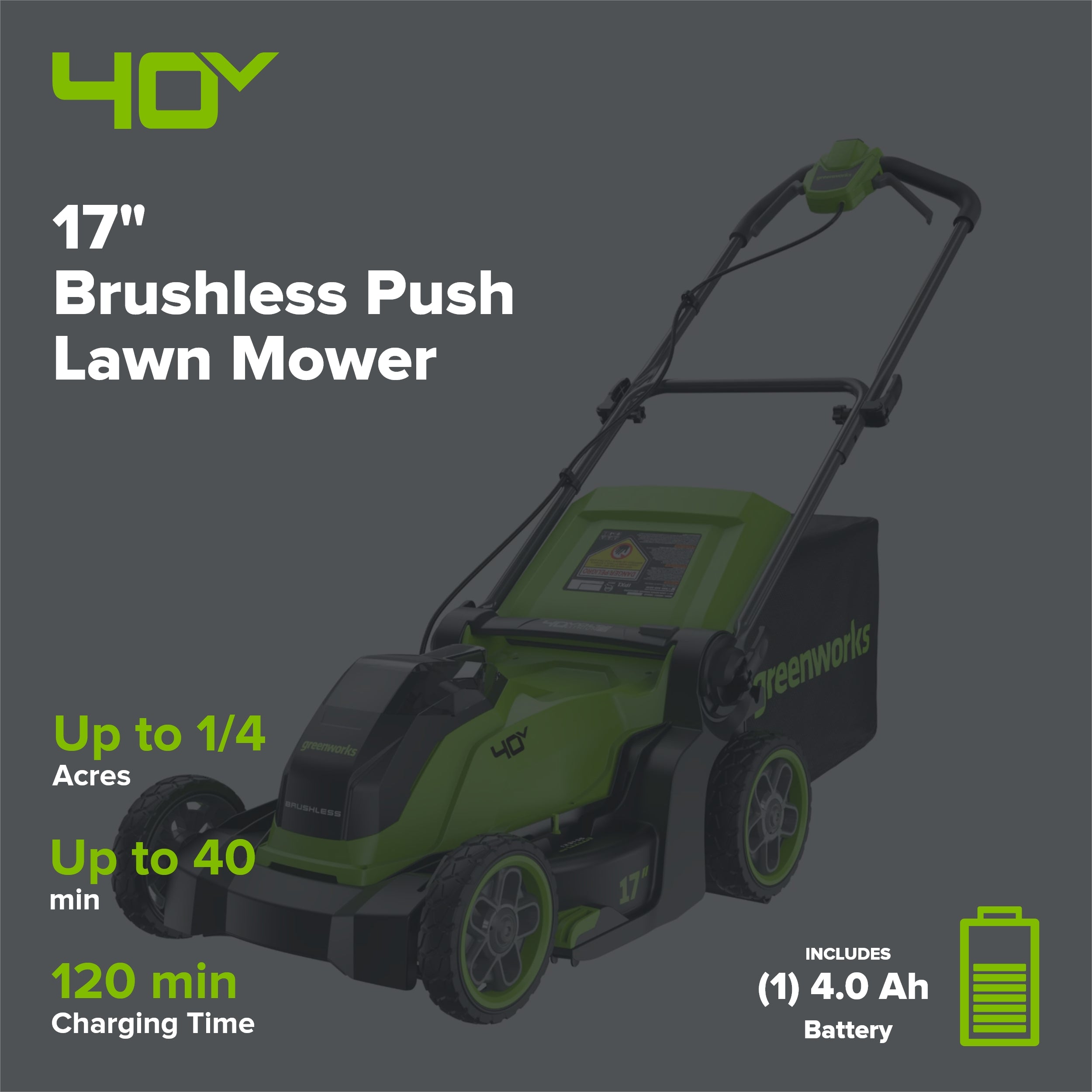 40V 17" Cordless Battery Brushless Push Lawn Mower: 4.0 Ah Battery and Charger, LM1724