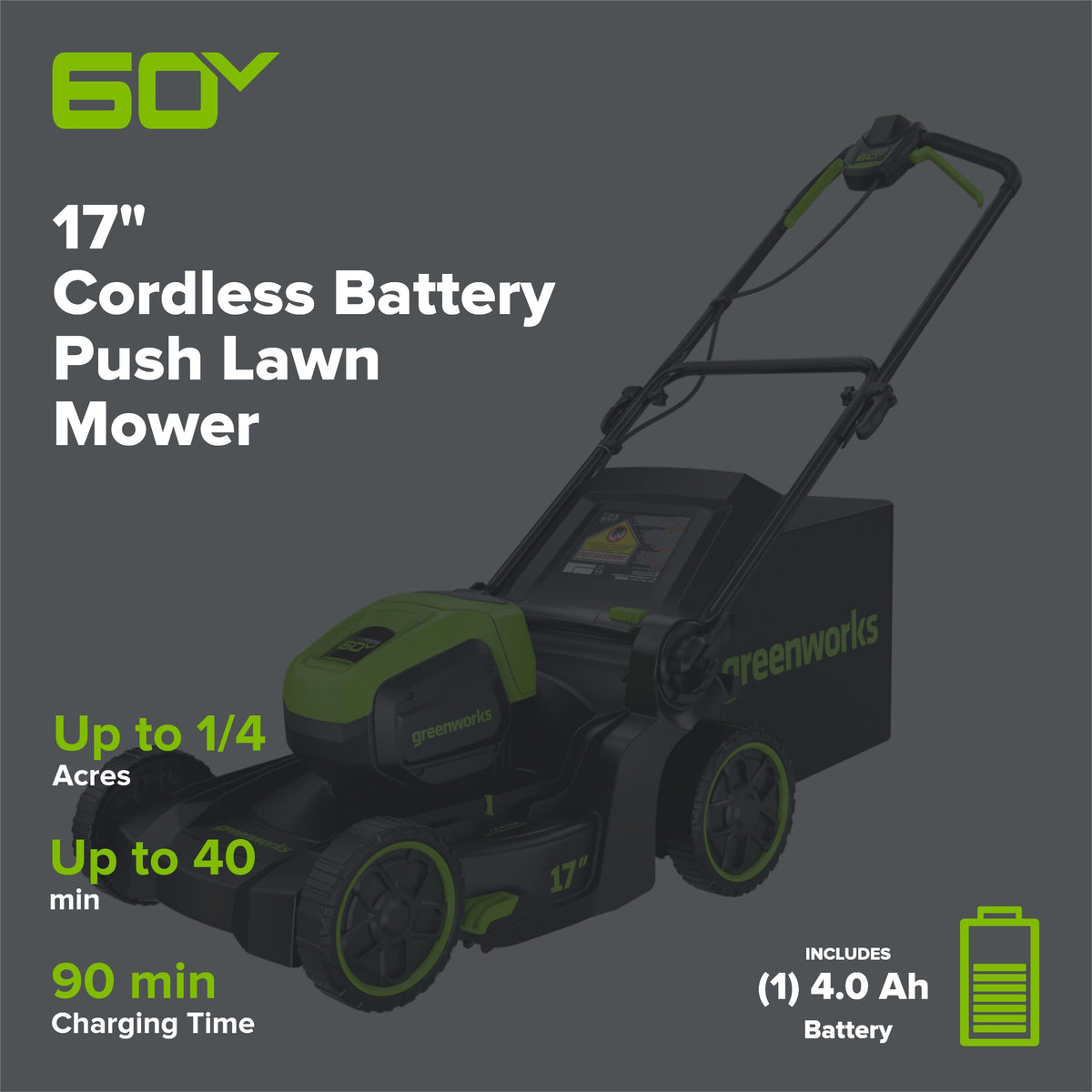 60V 17" Cordless Battery Push Lawn Mower: 4.0 Ah Battery and Charger, LM1716