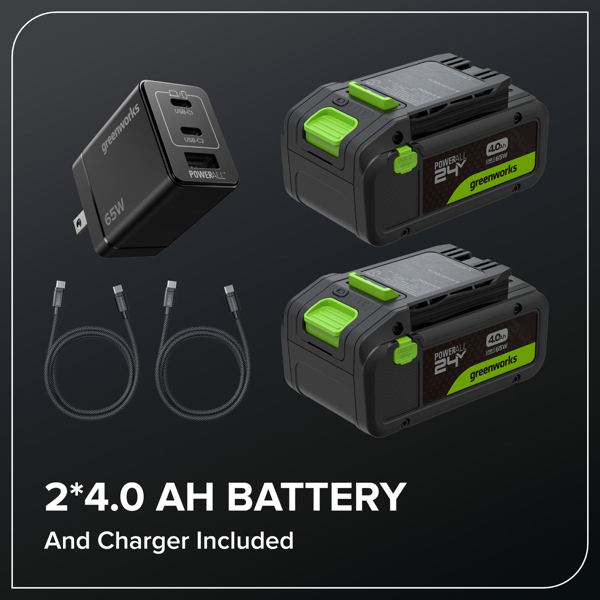 48V (24V x 2) 15" Cordless Battery Dethatcher/Scarifier: (2) 4.0Ah Batteries, (1) 65W Charger, (2) 100W Cables