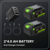 48V (24V x 2) 15" Cordless Battery Dethatcher/Scarifier: (2) 4.0Ah Batteries, (1) 65W Charger, (2) 100W Cables