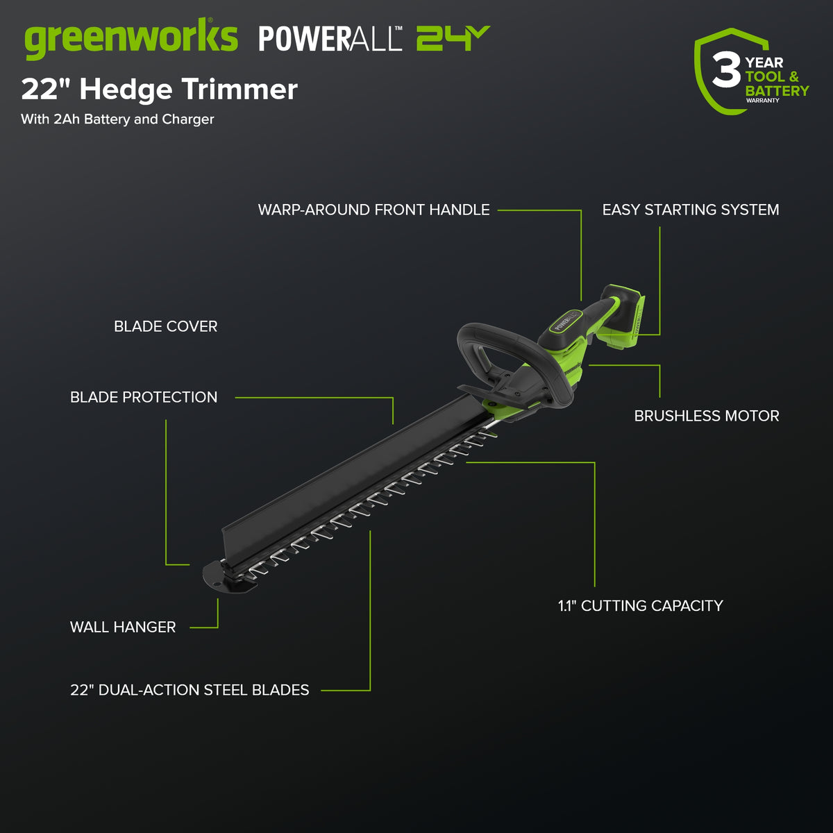 24V 22" Brushless (1.1" Cutting Capacity) Hedge Trimmer: 2.0Ah Battery and 30W Charger