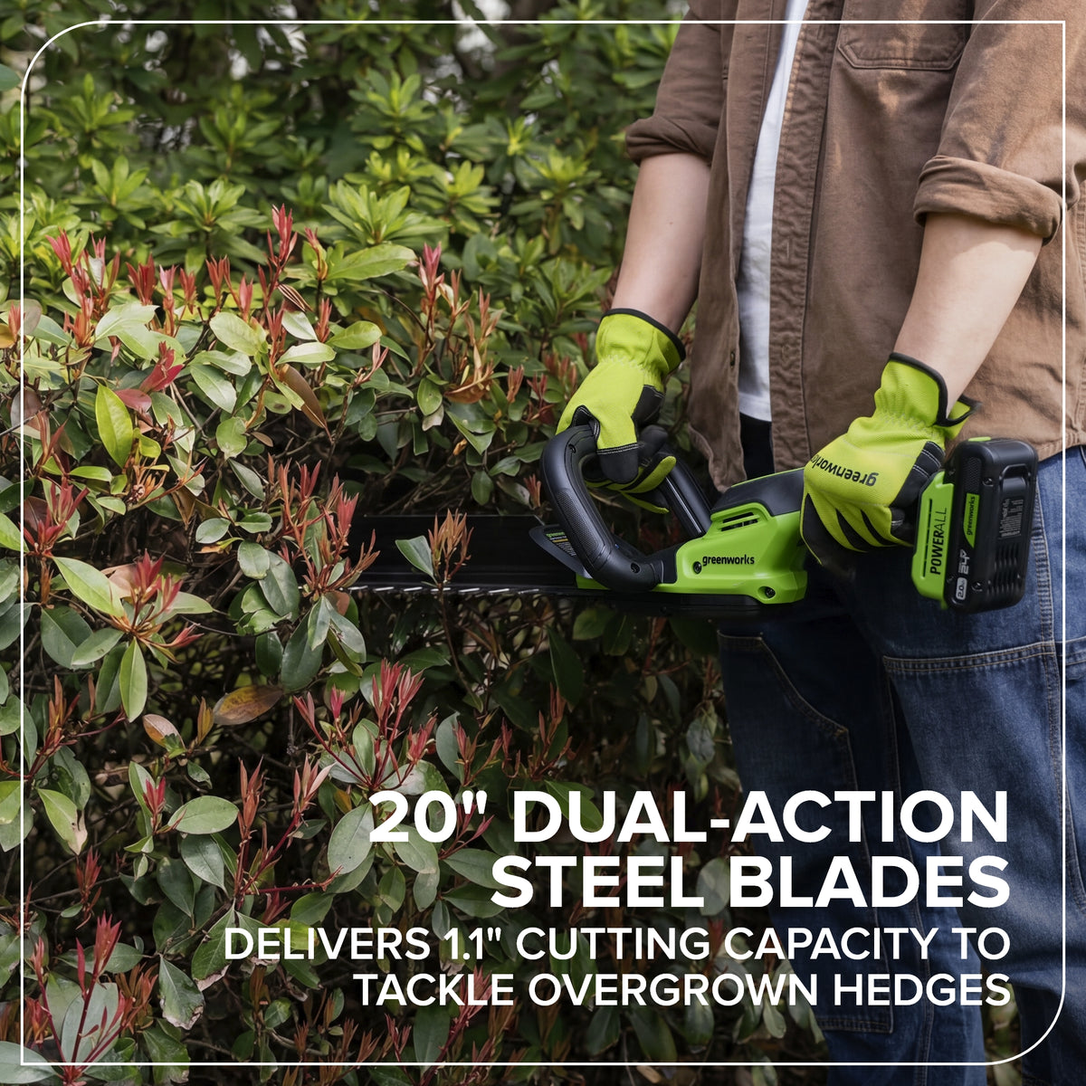 24V 20" Brushless (1.1" Cutting Capacity) Hedge Trimmer: 2.0Ah Battery and 30W Charger