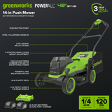 48V (24V x 2) 14" Cordless Battery Brushless Push Lawn Mower: (2) 4.0 Ah Battery and 2A Dual-port Charger, LM1412