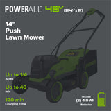 48V (24V x 2) 14" Cordless Battery Brushless Push Lawn Mower: (2) 4.0 Ah Battery and 2A Dual-port Charger, LM1412