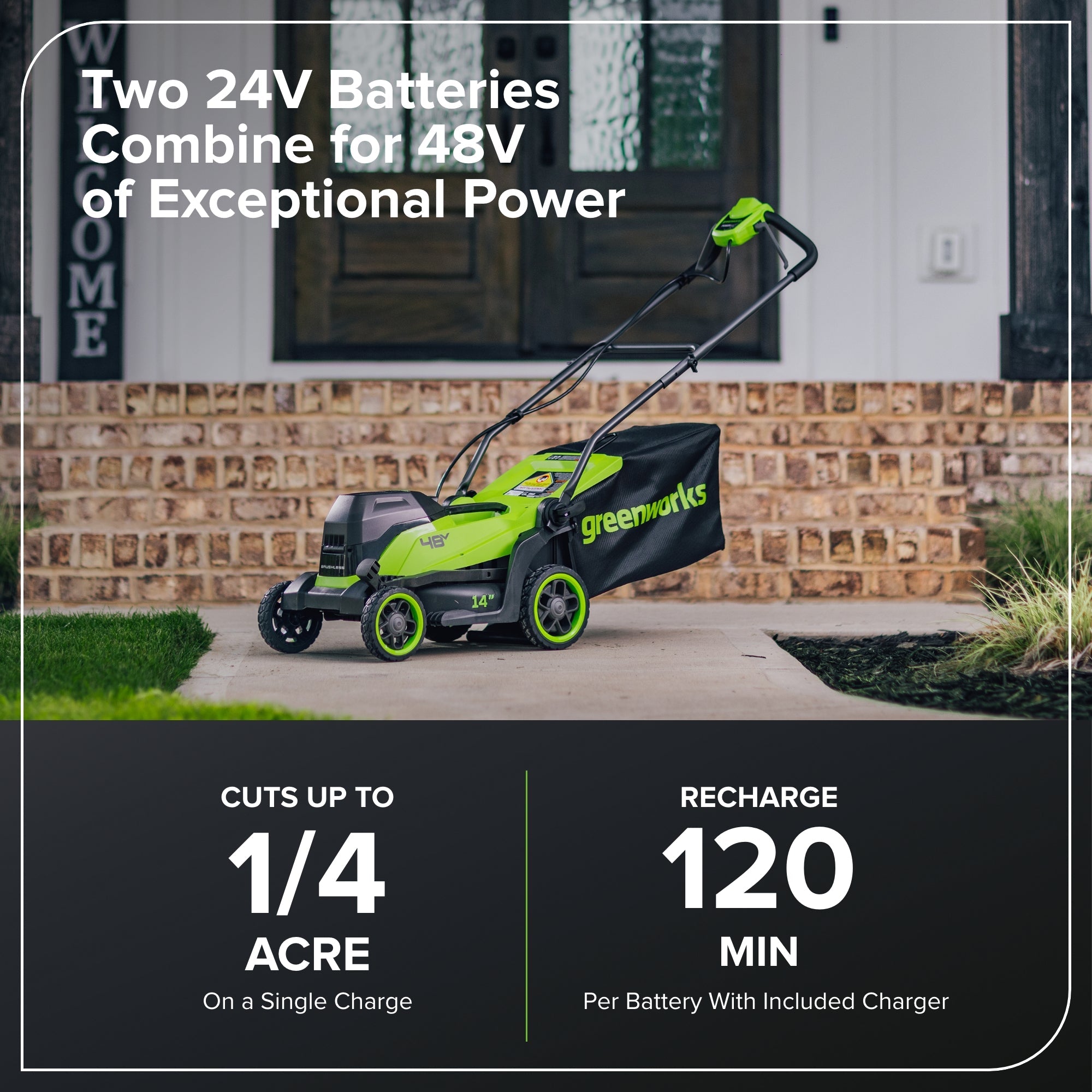 48V (24V x 2) 14" Cordless Battery Brushless Push Lawn Mower: (2) 4.0 Ah Battery and 2A Dual-port Charger, LM1412