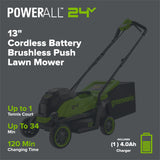 24V 13" Cordless Battery Brushless Push Lawn Mower: 4.0 Ah Battery and Charger, LM1322