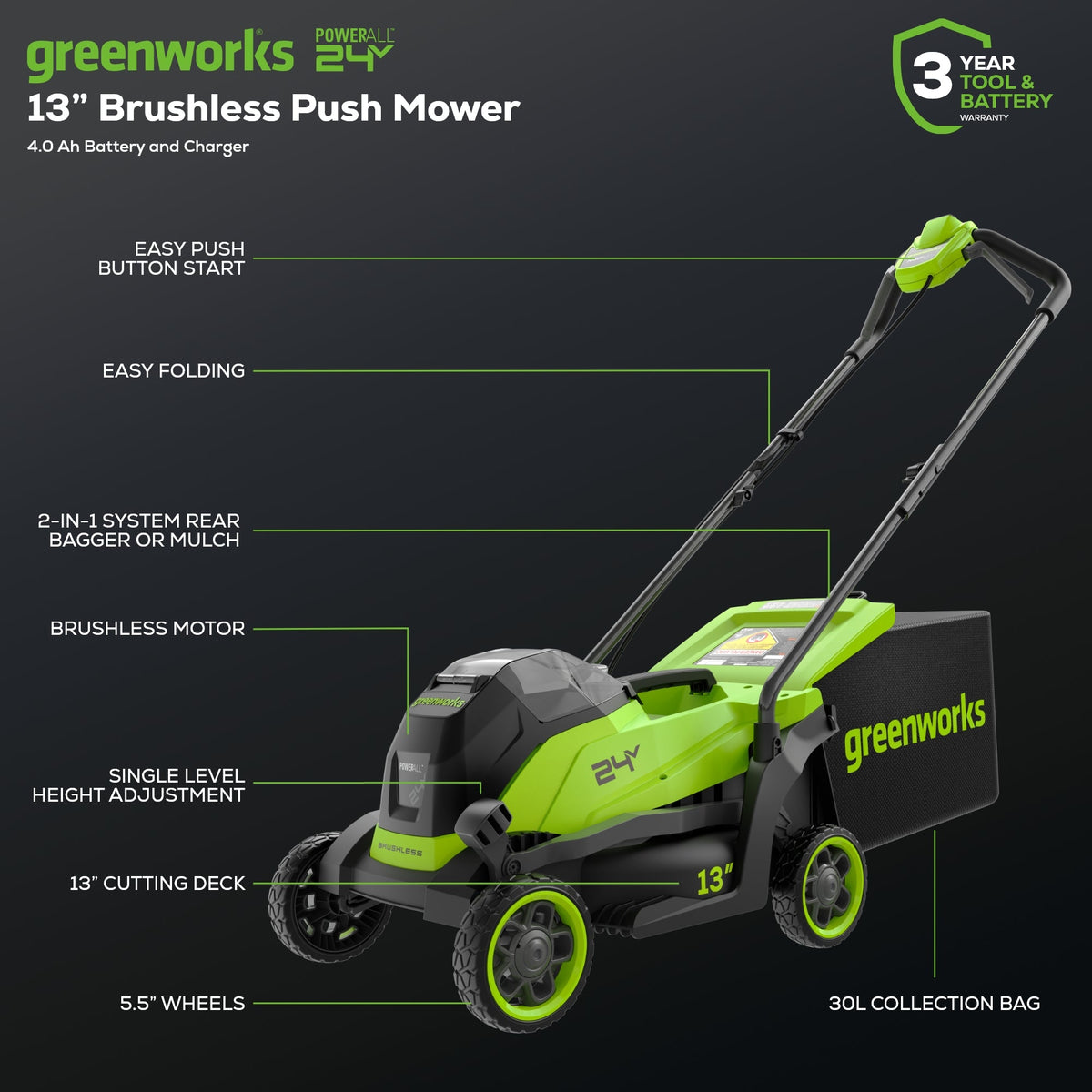 24V 13" Cordless Battery Brushless Push Lawn Mower: 4.0 Ah Battery and Charger, LM1322