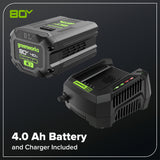 80V 12" Cordless Battery LED Snow Shovel: 4.0 Ah Battery and 6A Charger