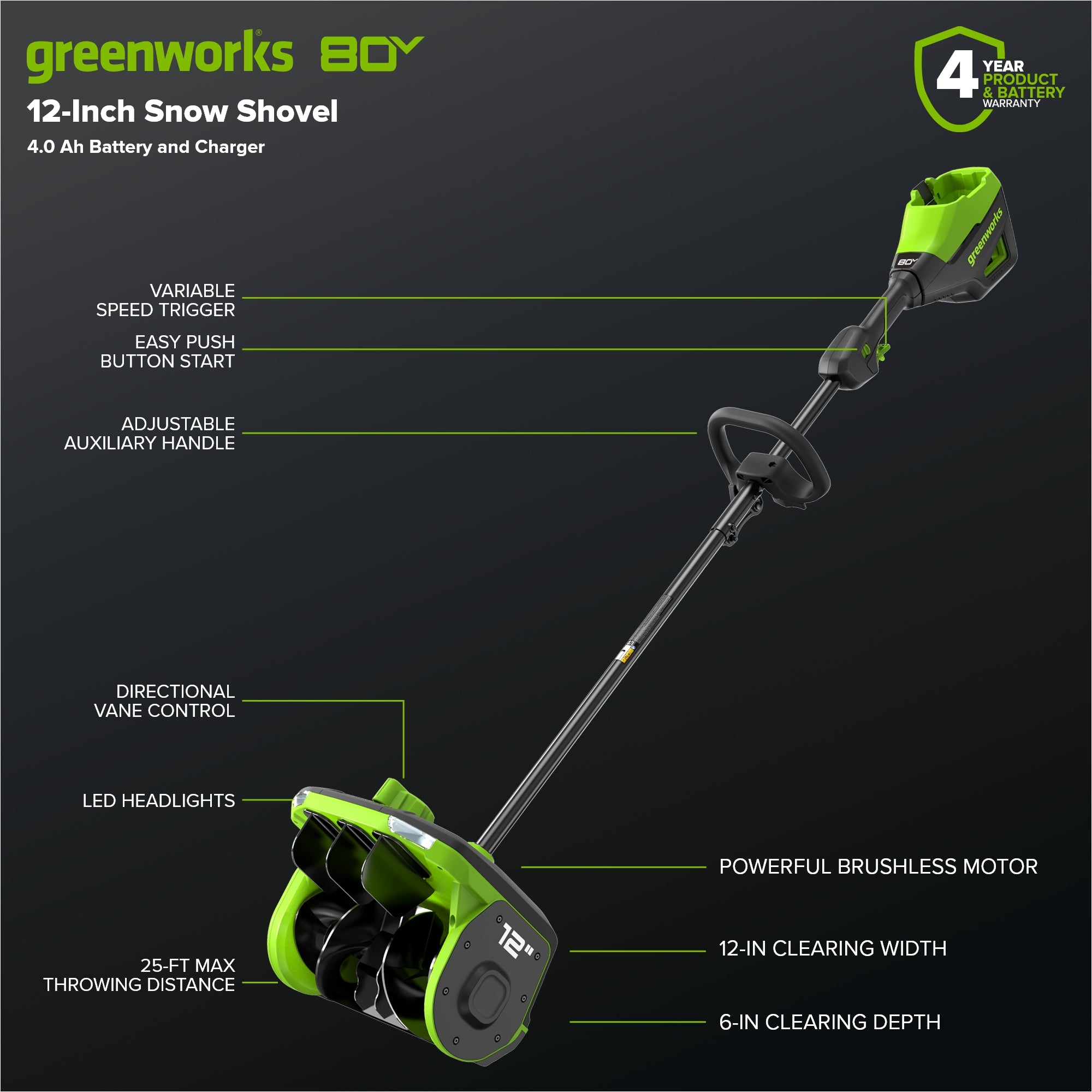 80V 12" Cordless Battery LED Snow Shovel: 4.0 Ah Battery and 6A Charger