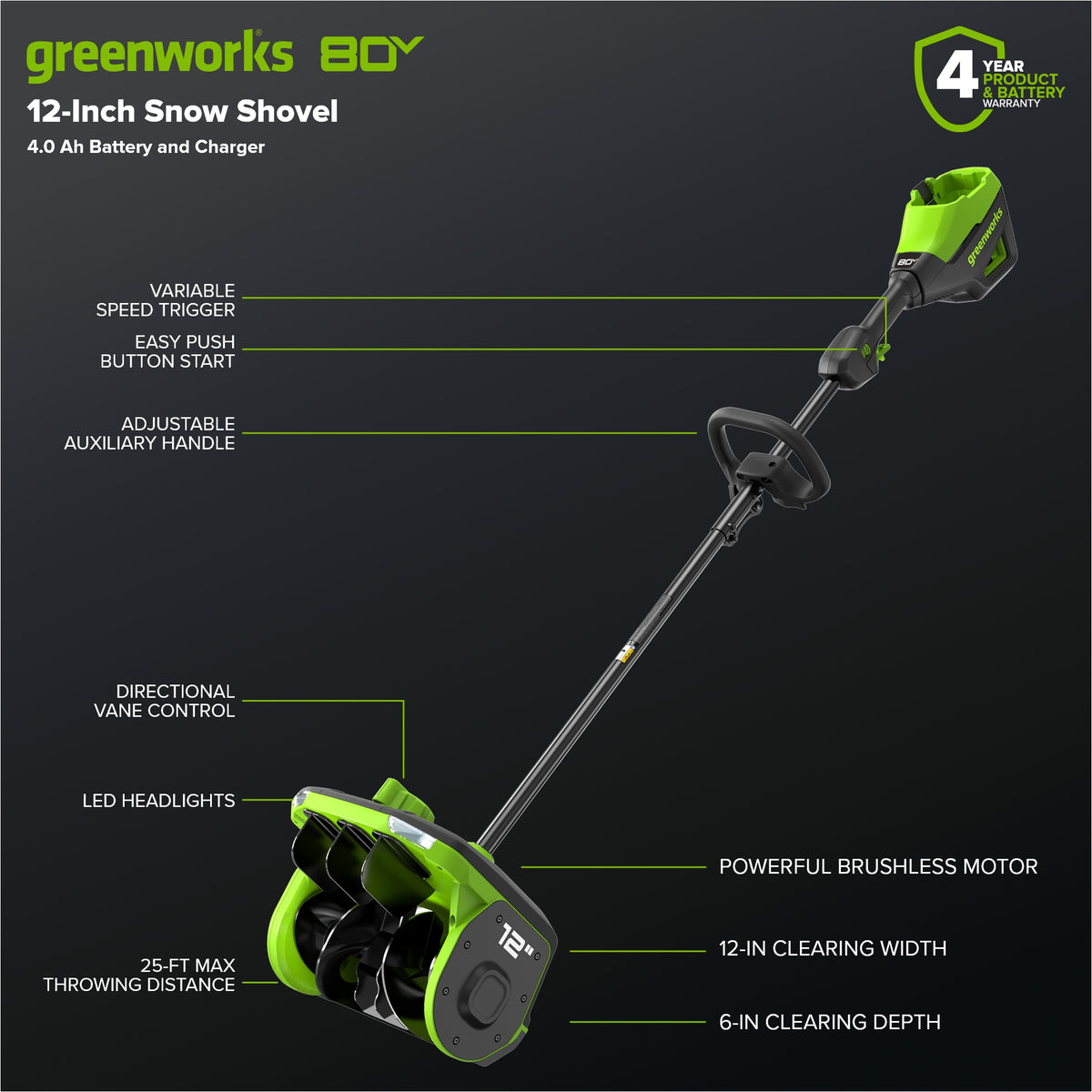80V 12" Cordless Battery LED Snow Shovel: 4.0 Ah Battery and 6A Charger
