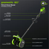 80V 12" Cordless Battery LED Snow Shovel: 4.0 Ah Battery and 6A Charger