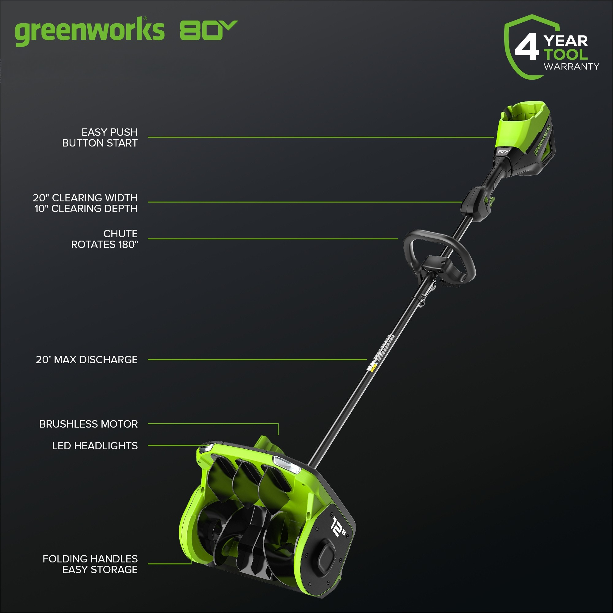 80V 12" Cordless Battery LED Snow Shovel, Directional Vanes (Tool Only)