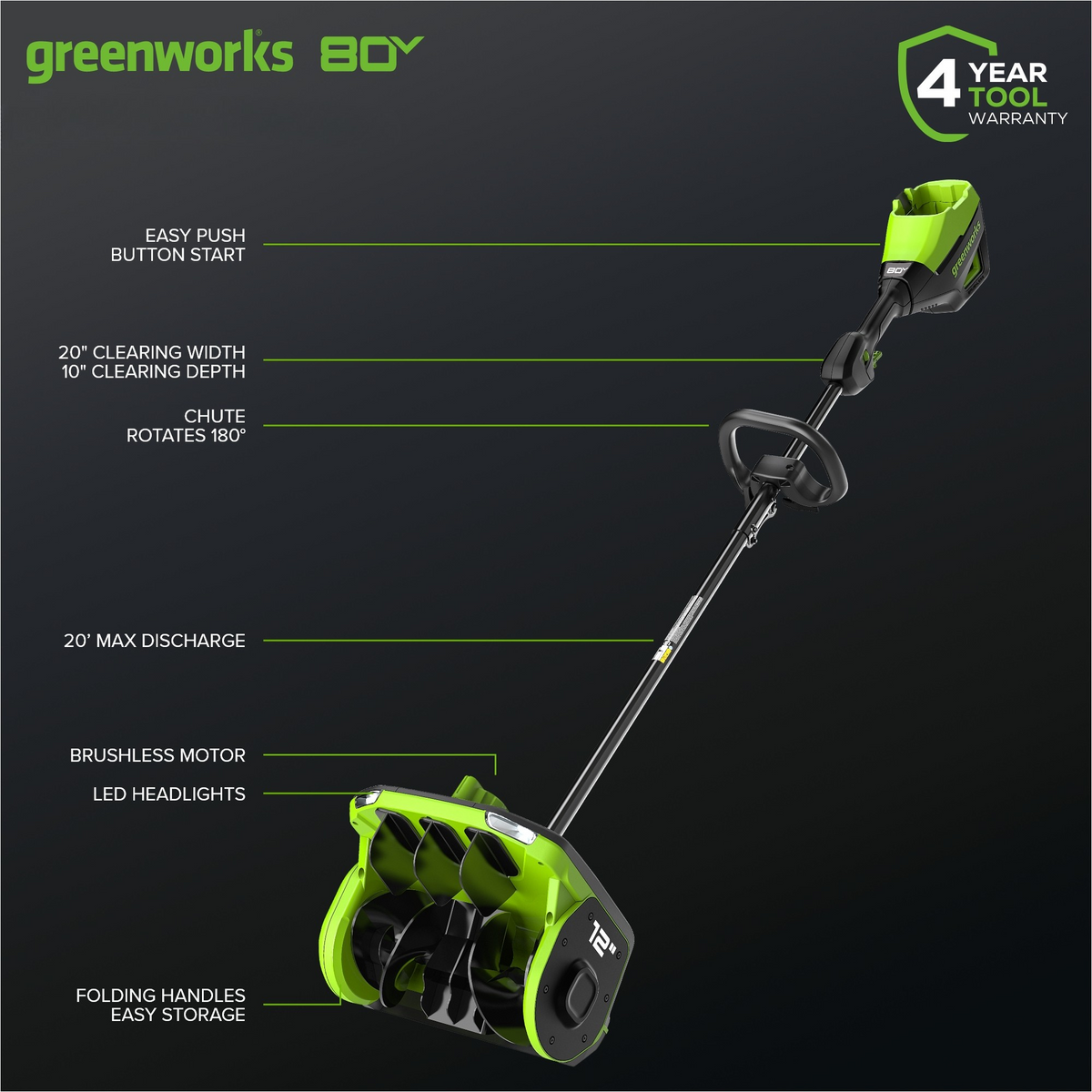 80V 12" Cordless Battery LED Snow Shovel, Directional Vanes (Tool Only)