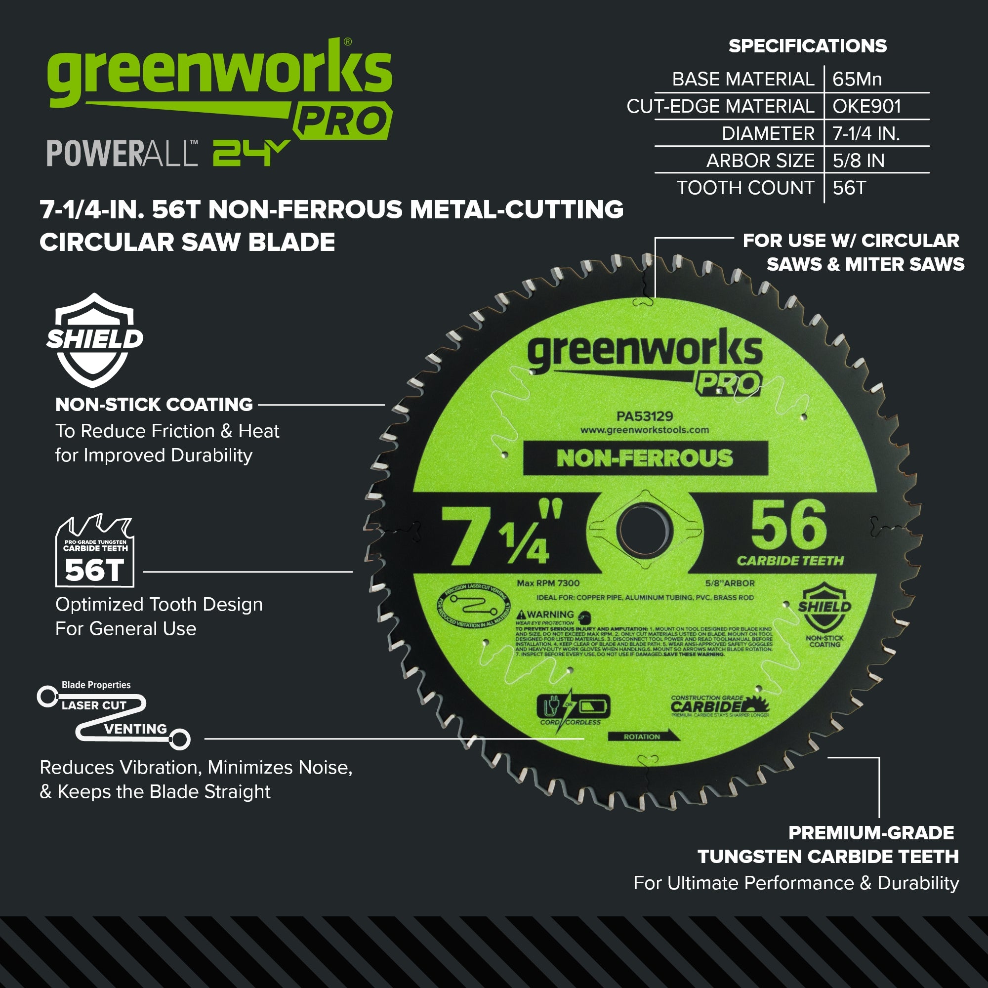 Pro 56-Tooth 7-1/4" Non-Ferrous Metal Cutting Circular Saw Blade with Construction-Grade Carbide Teeth