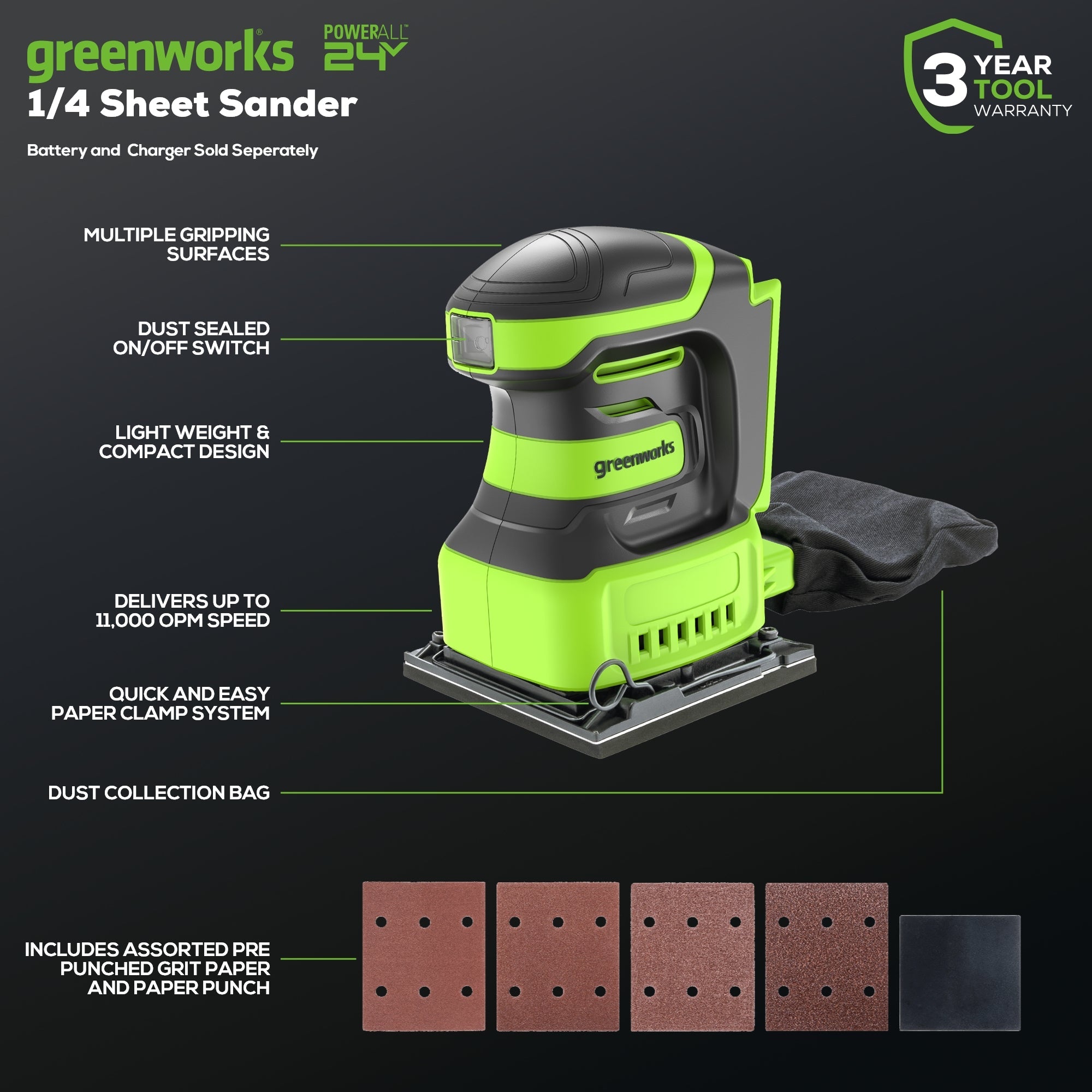 24V Cordless Battery Quarter Sheet Sander: 2.0 Ah Battery and Charger
