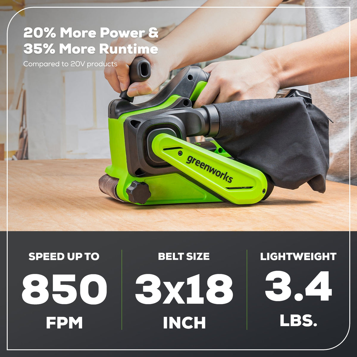 24V 3in x 18in Brushless Cordless Belt Sander and Dust Bag: 4.0 Ah Battery and Charger