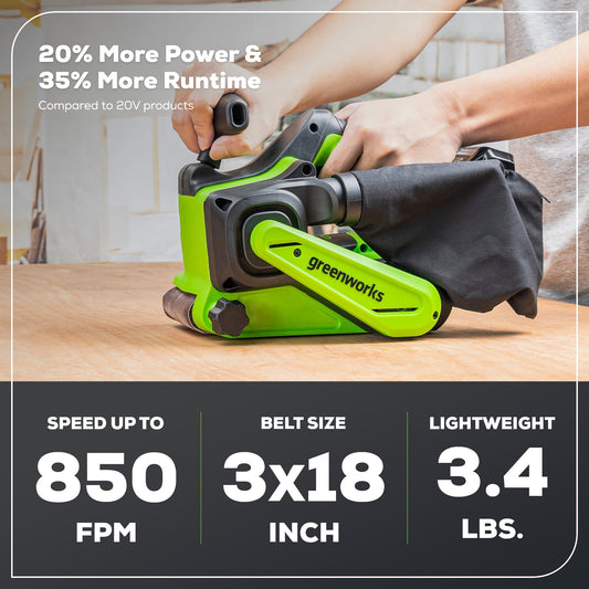 24V 3in x 18in Brushless Cordless Belt Sander and Dust Bag: 4.0 Ah Battery and Charger
