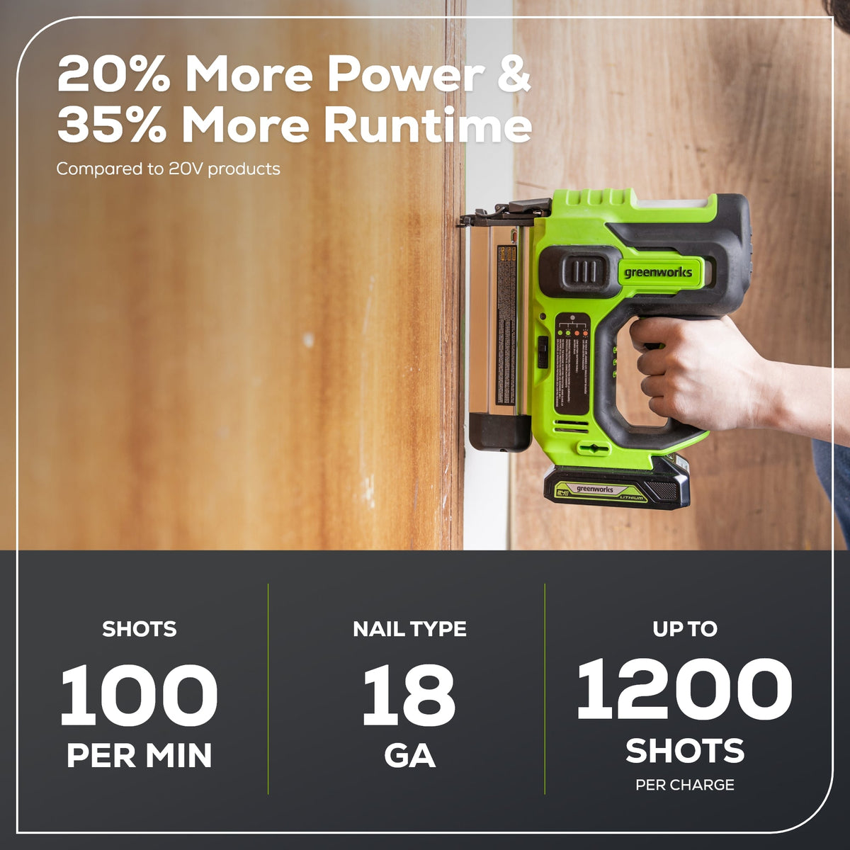 24V 18GA Brad Nailer: 2.0 Ah Battery and Charger