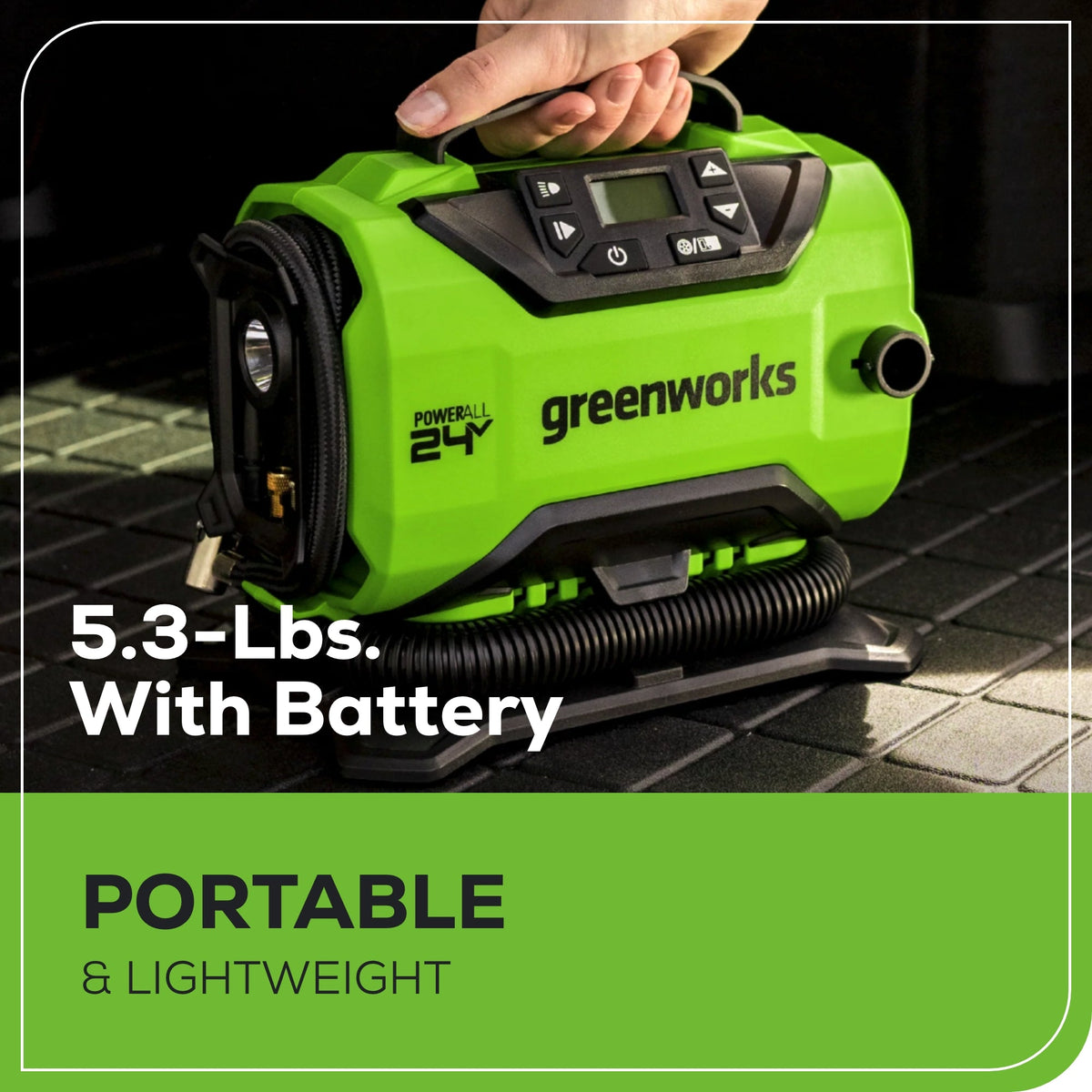 24V Cordless Battery Inflator, (1) 2Ah USB Battery and Charger