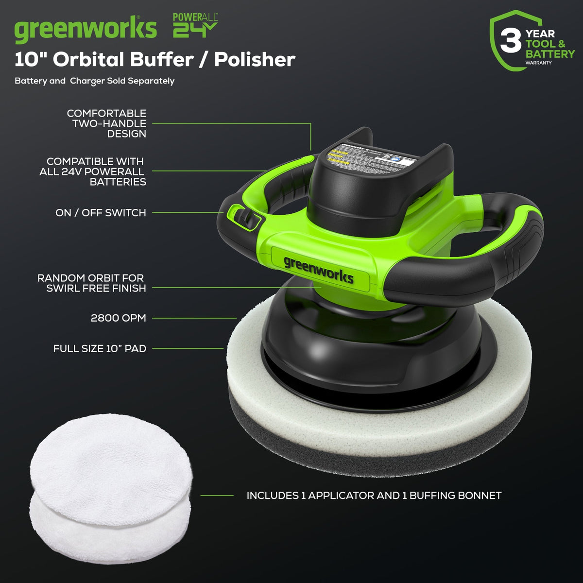 24V 10" Cordless Battery Buffer and Polisher (Tool Only)