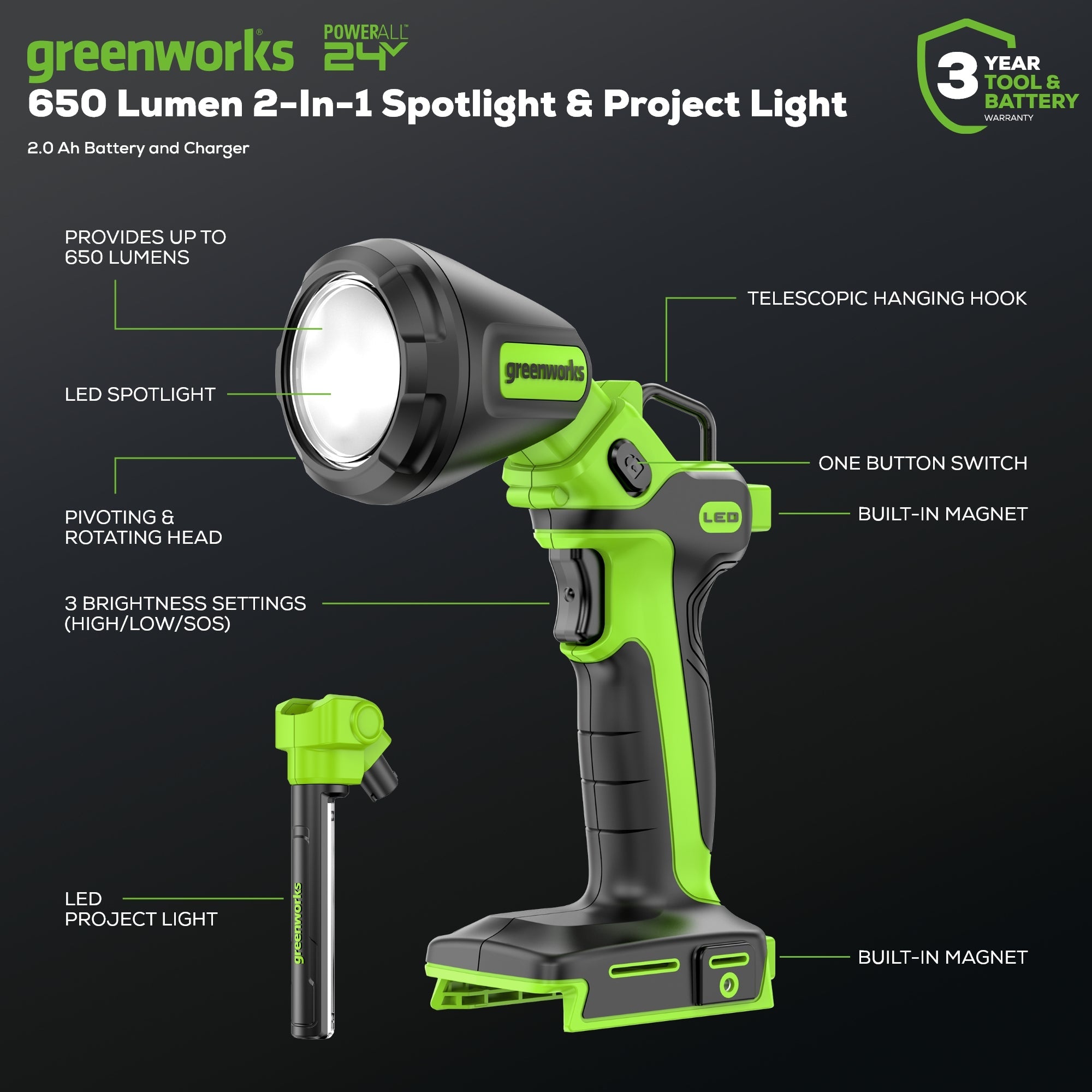24V Cordless Battery 2-in-1 Work Light: 2.0 Ah Battery and Charger