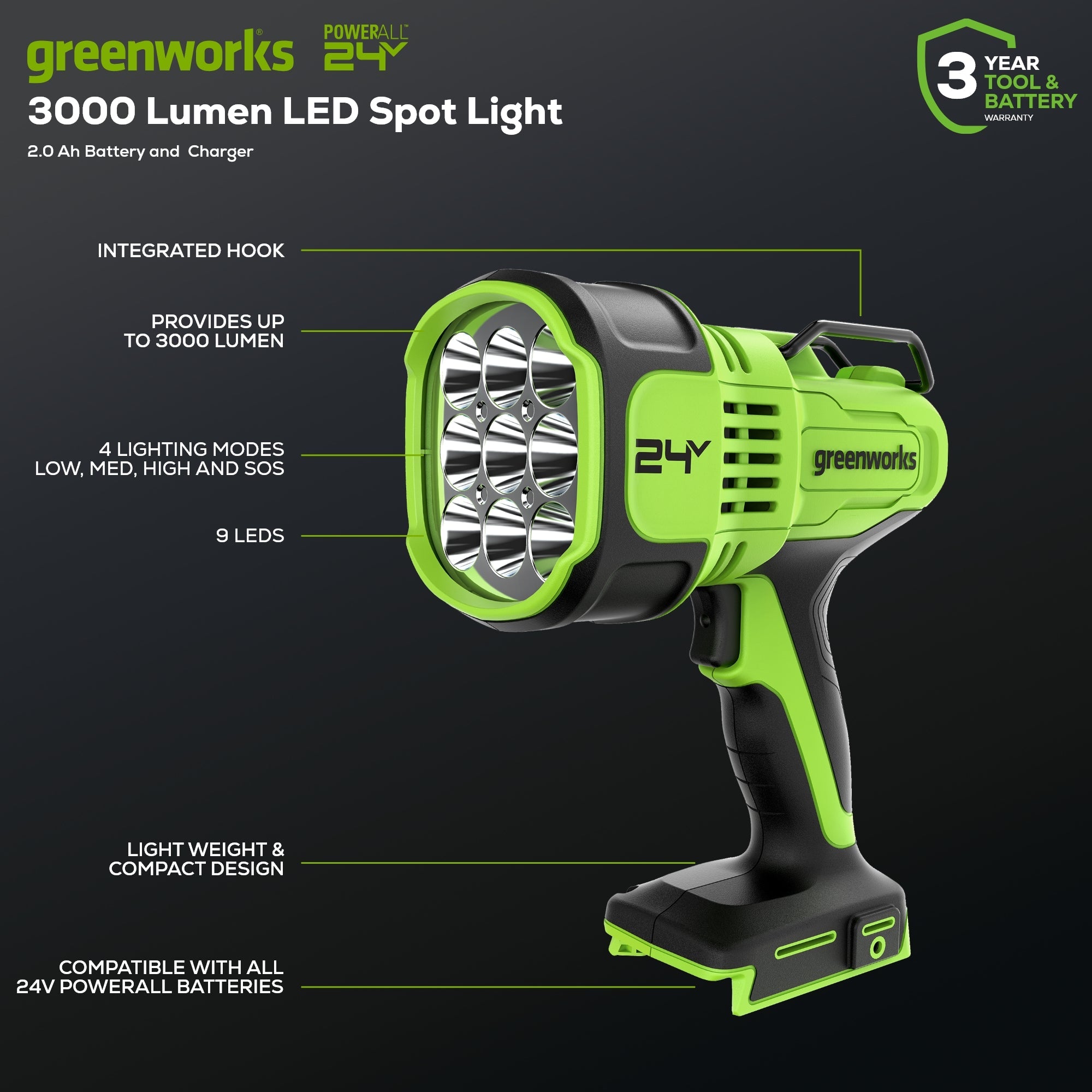 24V Cordless Battery Spot Light: 2.0 Ah Battery and Charger