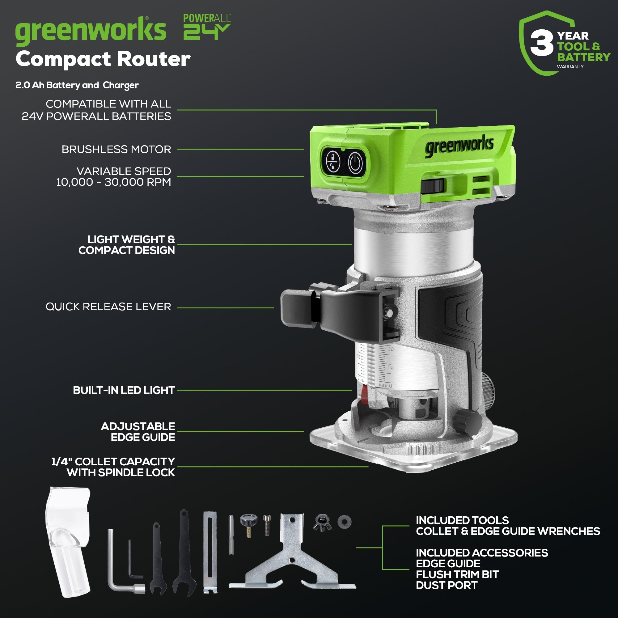 24V Cordless Battery Compact Router: 2.0 Ah Battery and Charger