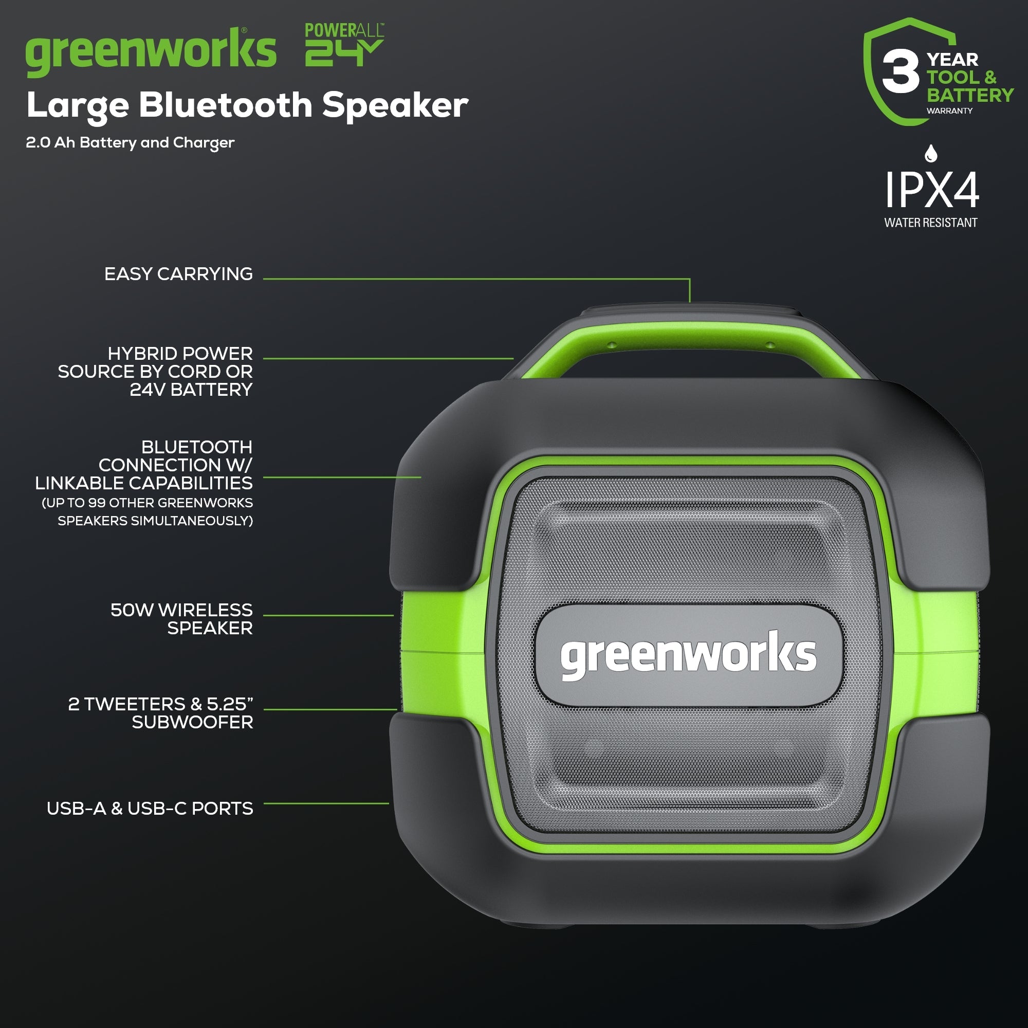 24V Cordless Battery Bluetooth Speaker: 2.0 Ah Battery and Charger
