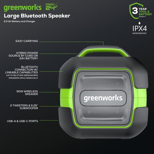 24V Cordless Battery Bluetooth Speaker: 2.0 Ah Battery and Charger