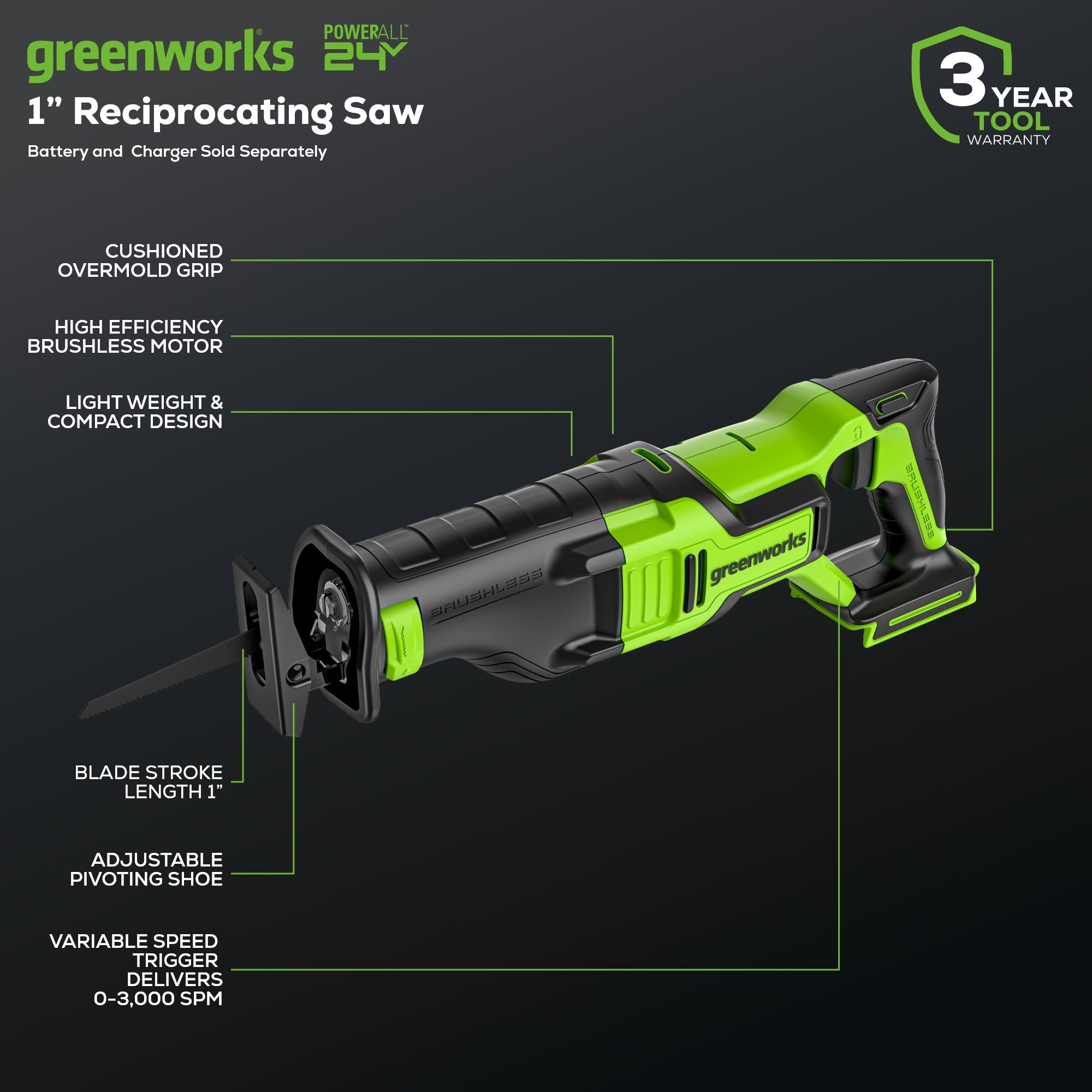 24V 1-1/8" Reciprocating Saw (Tool Only)