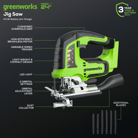 24V Cordless Battery Brushless Jig Saw: 2.0 Ah Battery and Charger