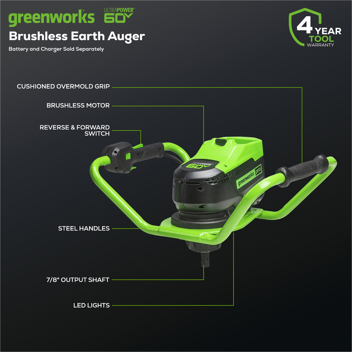 60V Cordless Battery Brushless Earth Auger / Post Hole Digger (Tool Only)