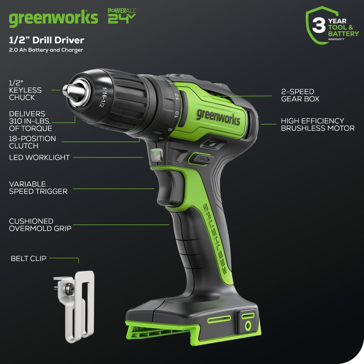 24V Cordless Battery Brushless 1/2" 310 in/lbs Drill / Driver: (1) 2.0 Ah Battery and Charger