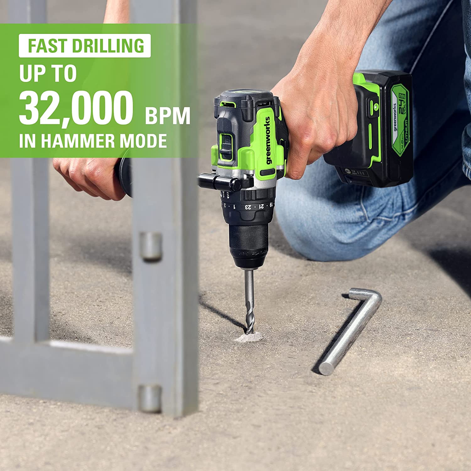 24V 1/2" 1240 in/lbs Hammer Drill: 4.0 Ah Battery and Charger