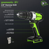 24V 1/2" 530 in/lbs Hammer Drill: 2.0 Ah Battery and Charger