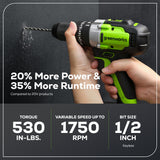 24V 1/2" 530 in/lbs Hammer Drill: 2.0 Ah Battery and Charger
