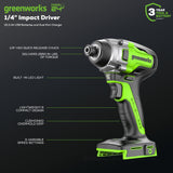 24V 1/4" 2650 in/lbs Brushless Impact Driver Kit: (2) 2.0 Ah USB Batteries, Dual-Port Charger and Bits